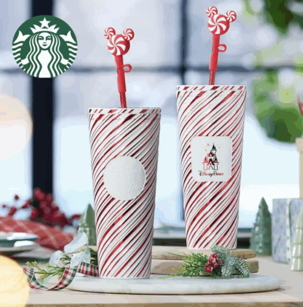 Red and white Disney Christmas-themed reusable drink cups featuring Disney Princess and castle logos.