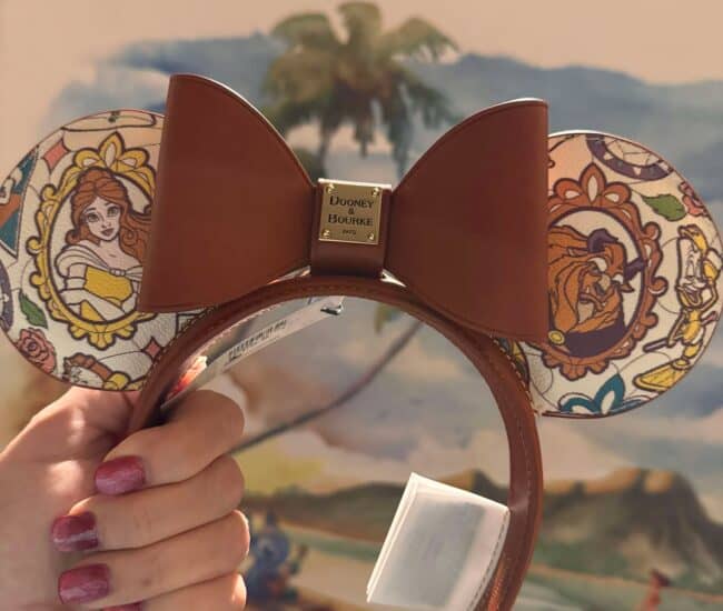 Sunglasses with Disney princess and Beauty and the Beast patterns, and a large pink bow on top.