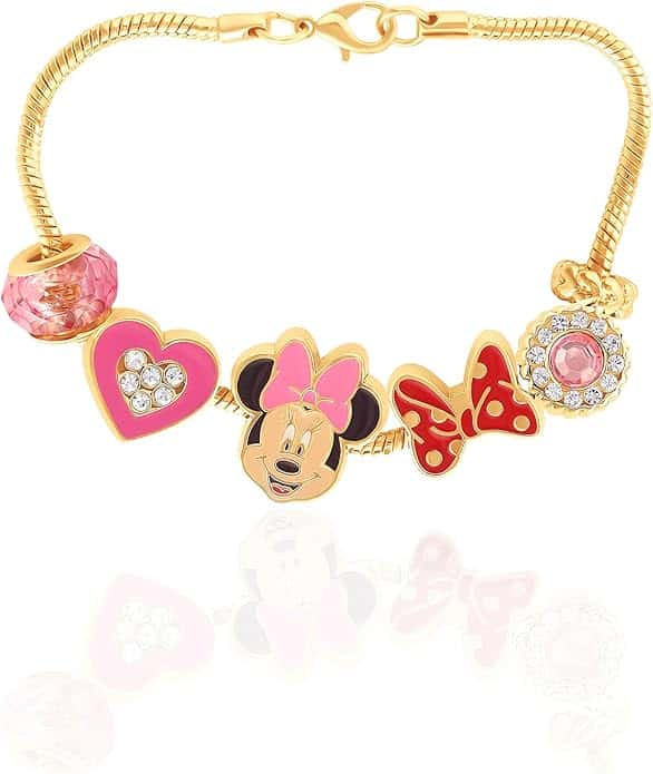 Colorful Disney Minnie Mouse-themed charm bracelet with pink, red, and rhinestone accents.