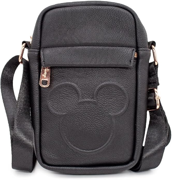 Black Disney Mickey Mouse crossbody bag with embossed face design for Disney fans.