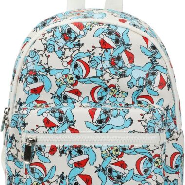 Adorable Stitch Disney backpack with Christmas themed print, perfect for Disney fans and holiday accessories.