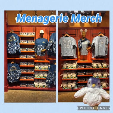 Disney merchandise display featuring Mickey Mouse and animal-themed apparel and plush toys.