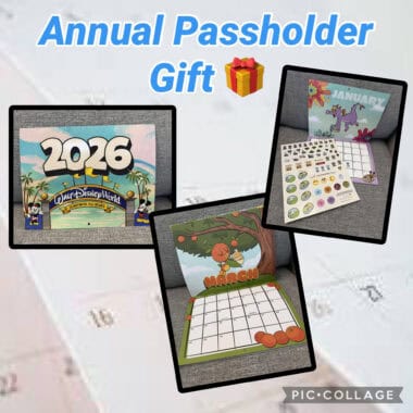 Colorful Disney-themed annual passholder gift calendar featuring Mickey Mouse, a unicorn, and seasonal illustrations.