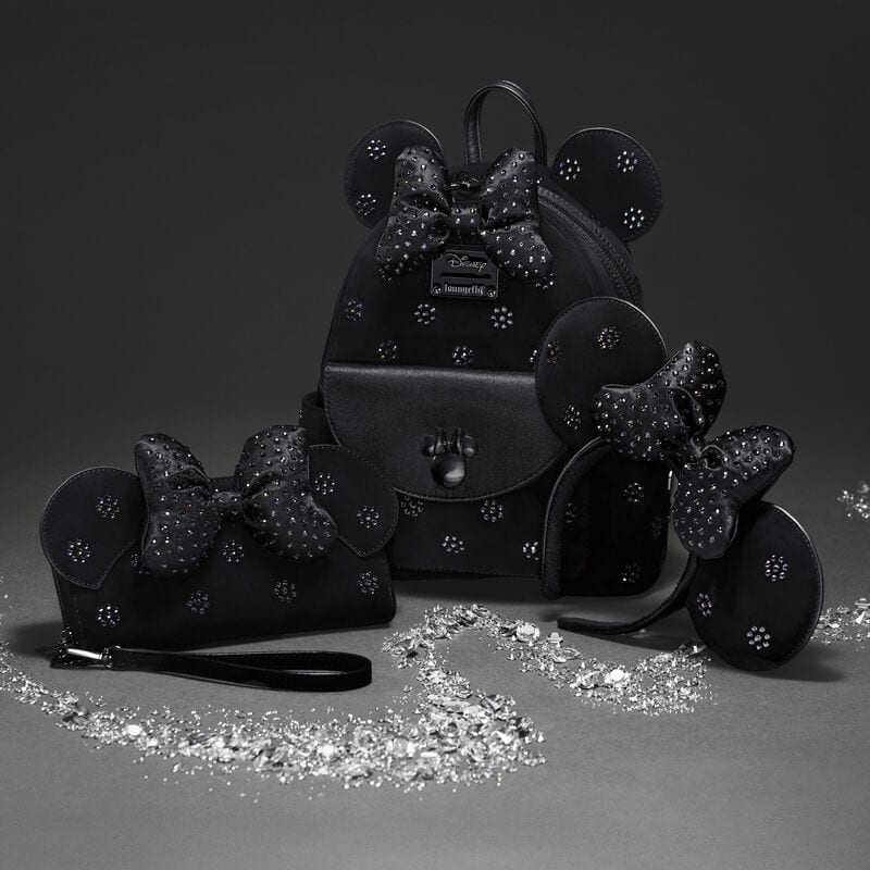 Black Minnie Mouse-themed bag set with rhinestone bows and ears, perfect for Disney fans and fashionistas.