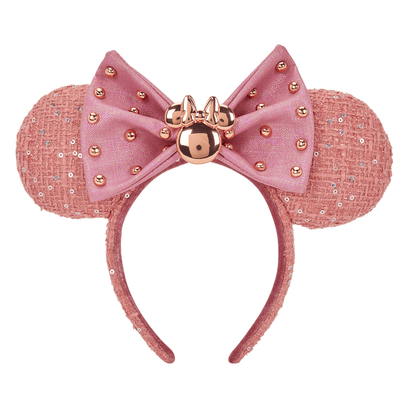 Pink glitter Minnie Mouse ears headband with satin bow and gold accents, perfect for Disney fashion fans.