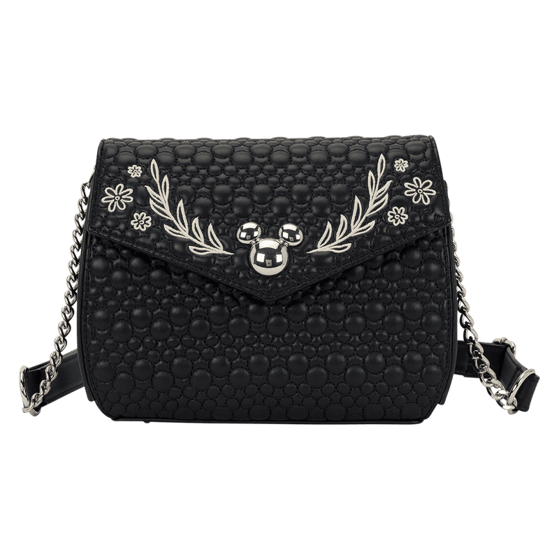 Black Mickey Mouse clutch with floral embroidery and chain strap.