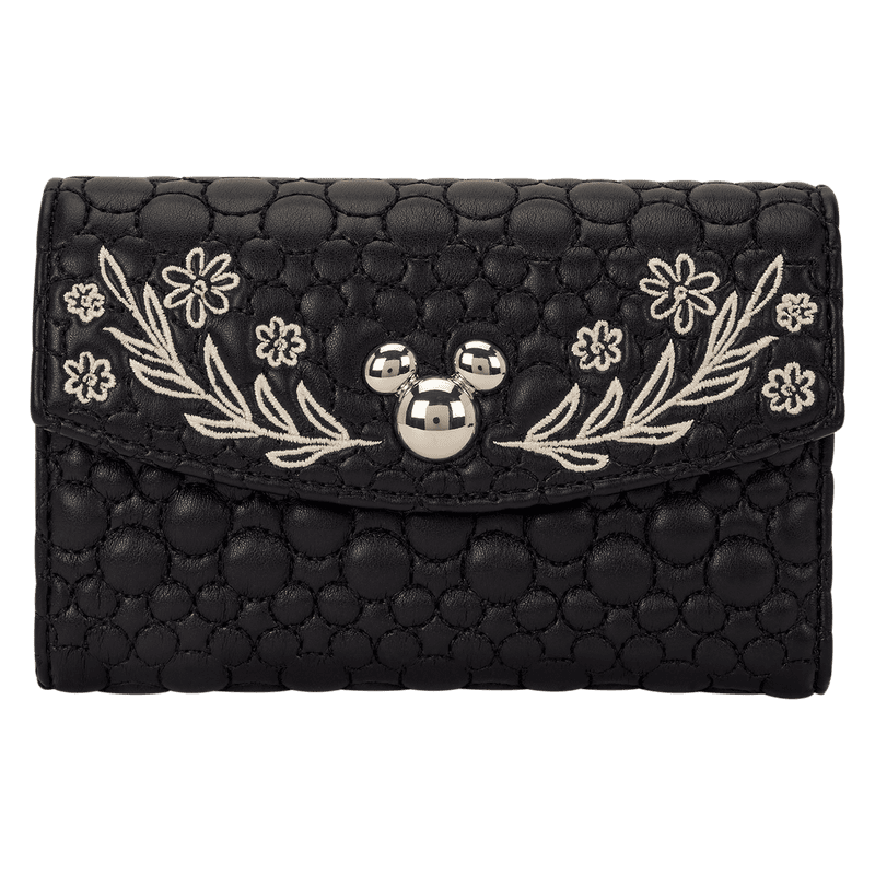 Black leather wallet with embroidered flowers and Mickey Mouse detail.