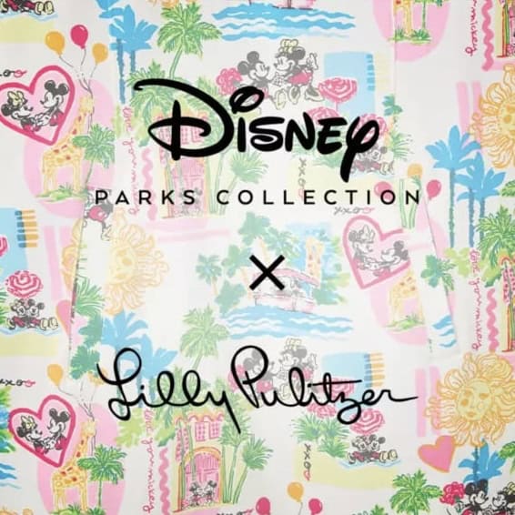 Vibrant Disney and Lilly Pulitzer collaboration fabric featuring Mickey Mouse and tropical motifs.