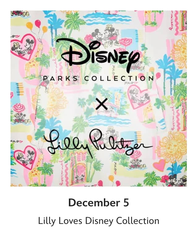 Disney x Lilly Pulitzer fashion collection featuring Disney characters and tropical prints.