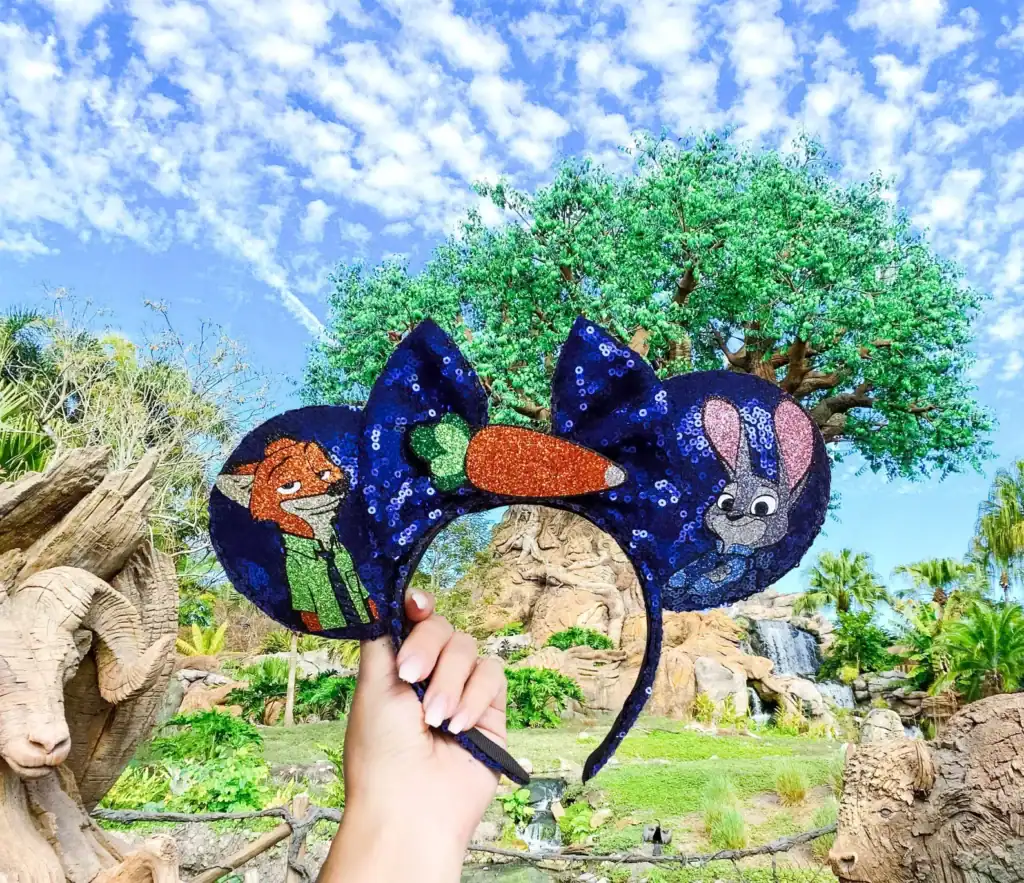 Decorative Disney character sequined Mickey Mouse ears headband featuring Nick and Judy.