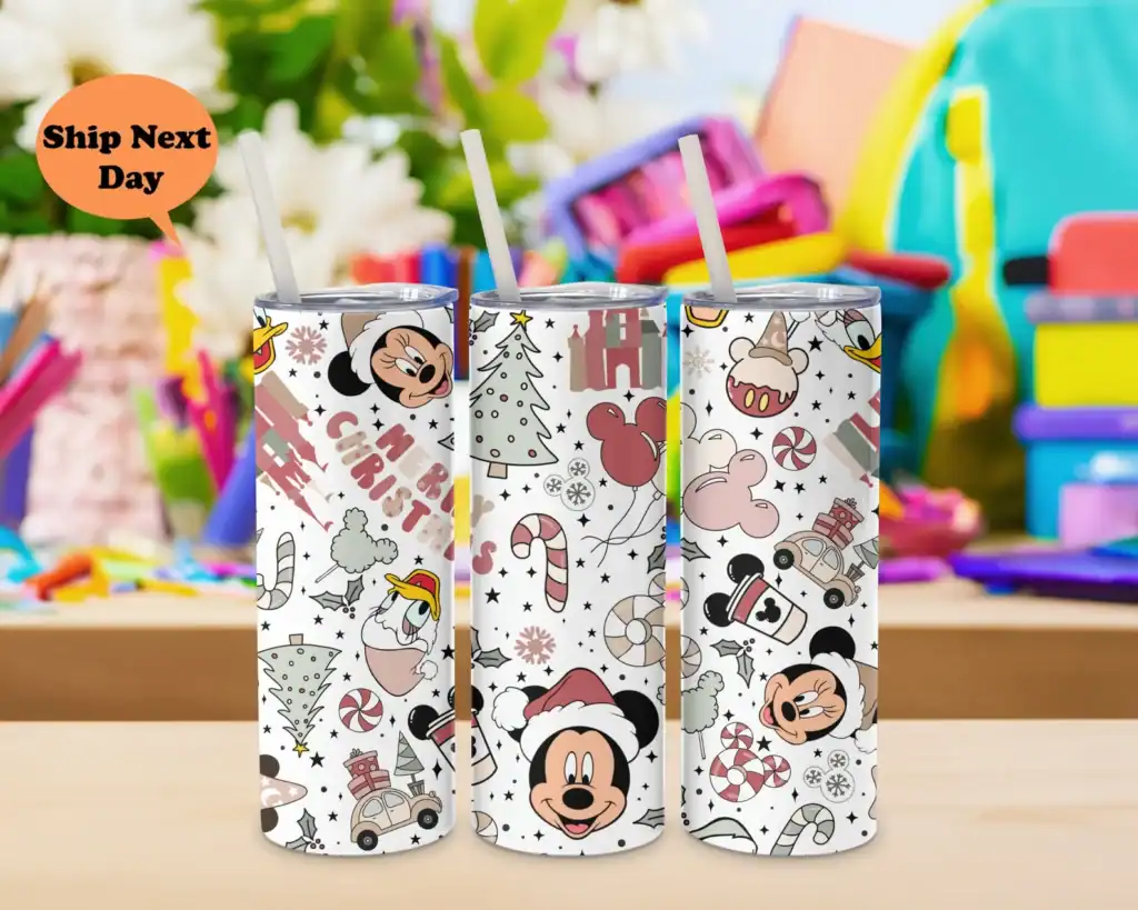 Festive Disney Mickey Mouse holiday drinkware with straws.