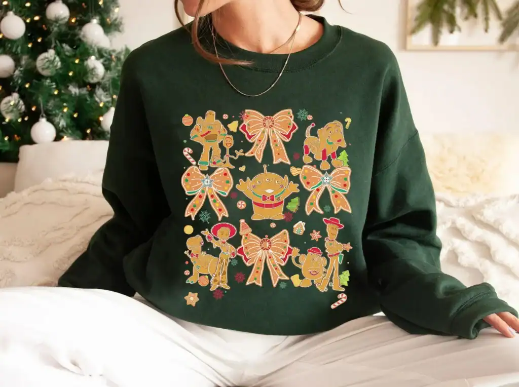 Decorative Disney holiday sweatshirt with classic characters and Christmas bows, perfect for festive cheer.