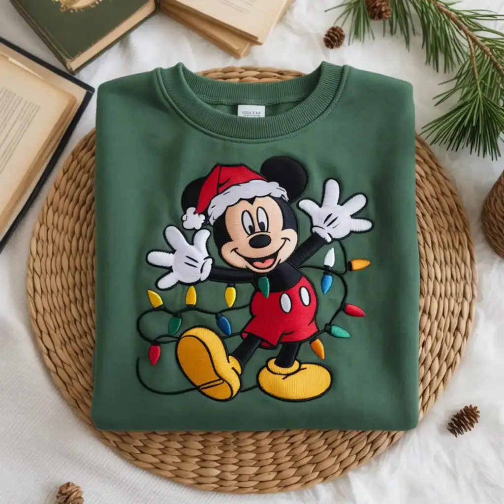 Christmas Mickey Mouse sweatshirt with holiday light design, ideal for Disney holiday fashion.