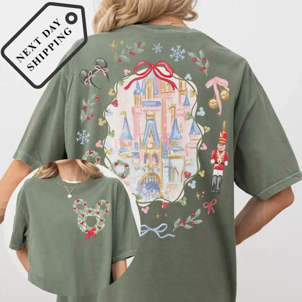 Disney holiday sweatshirt featuring Cinderella castle and winter-themed graphics, ideal for Disney lovers.