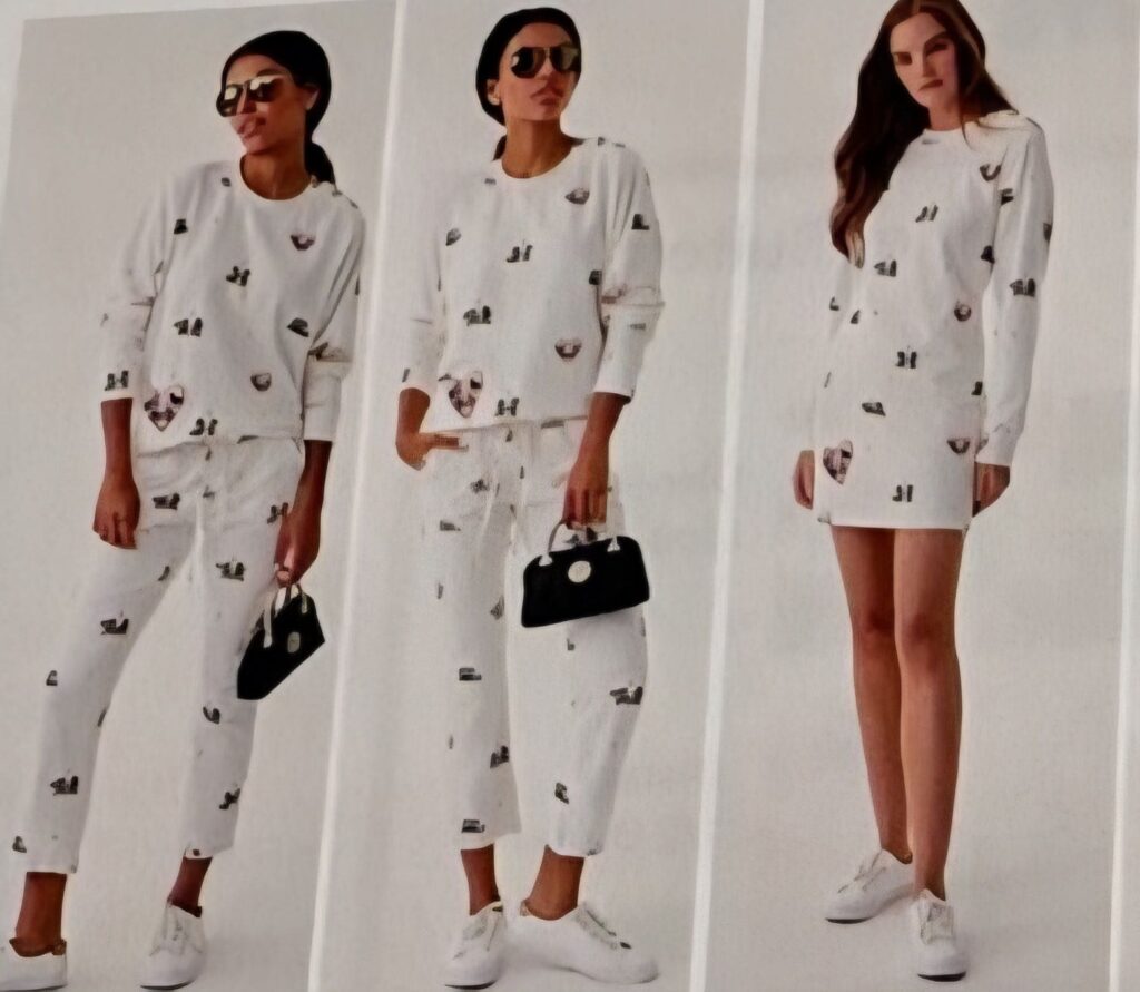 Fashion-forward woman wearing coordinated zebra print clothing, sunglasses, and carrying a black purse.