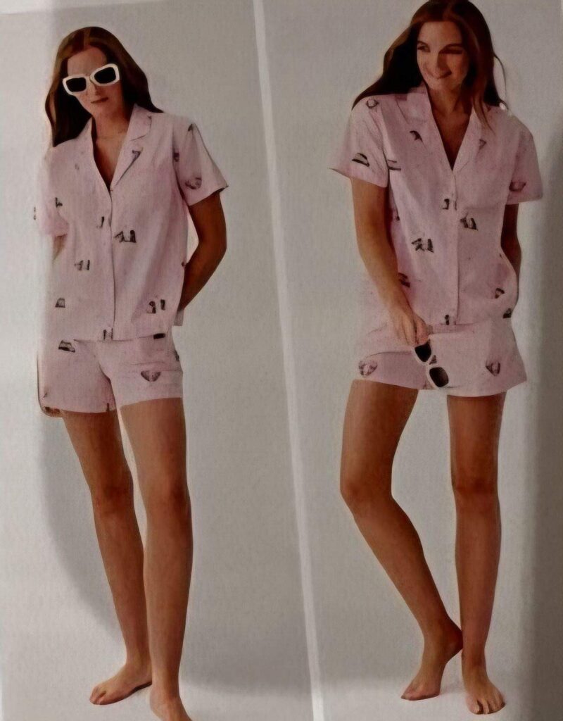 Vintage Disney fashion doll wearing pink printed pajamas and sunglasses, showcasing relaxed, stylish summer loungewear.