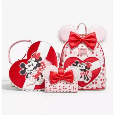 Colorful Minnie Mouse-themed heart-shaped bags with red bows and playful designs. Perfect for Disney and fashion lovers.