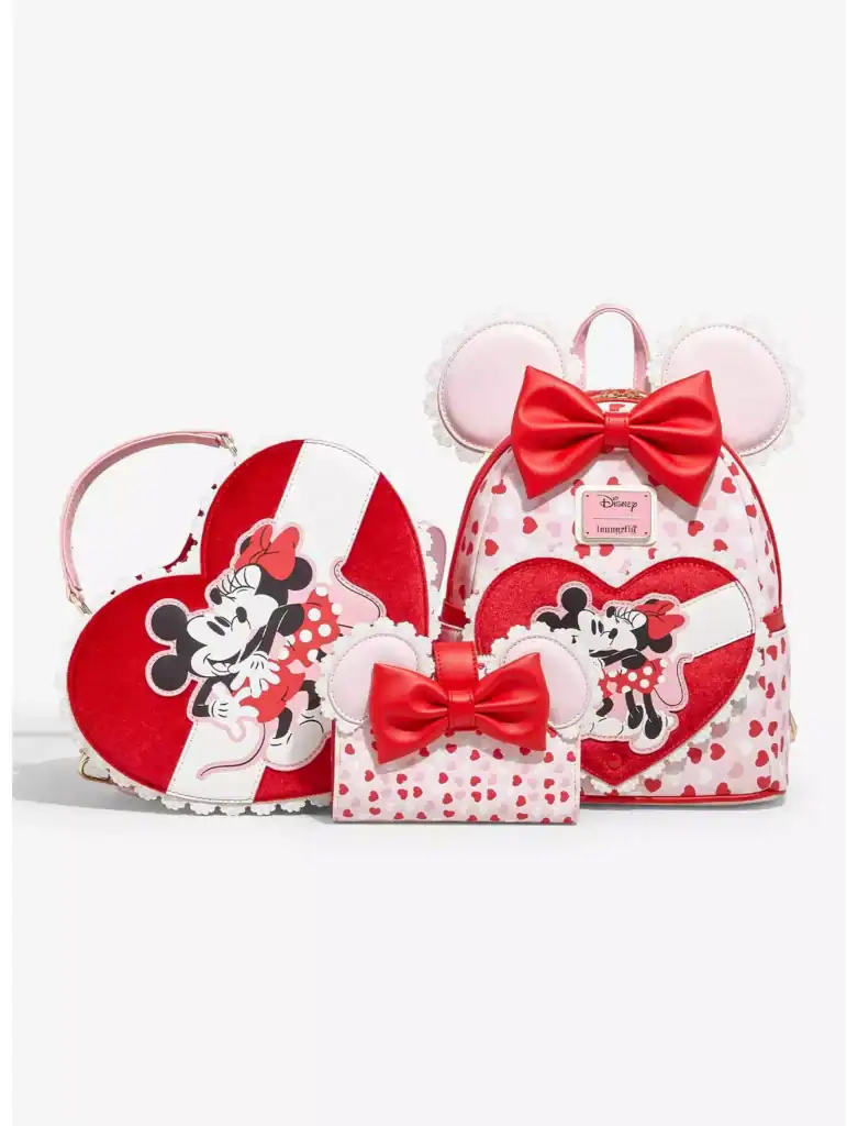 Colorful Minnie Mouse-themed heart-shaped bags with red bows and playful designs. Perfect for Disney and fashion lovers.