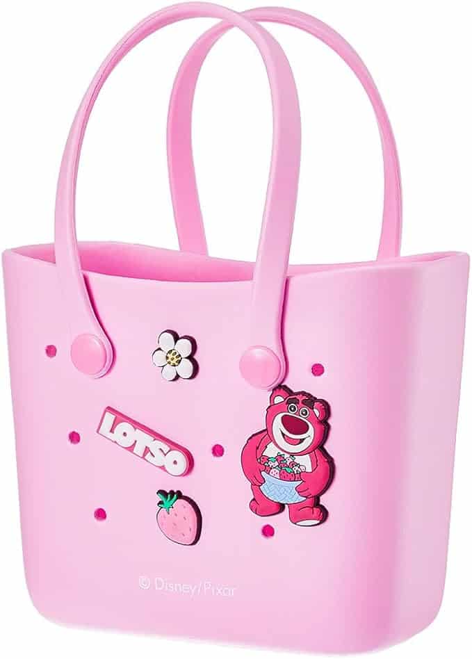 Cute pink Disney tote bag featuring Lotso bear from Toy Story, strawberry accents, and floral details.