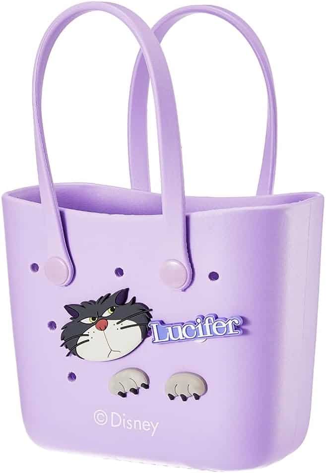 Bright purple Disney Lucifer tote with Lucifer character design, perfect for Disney fans.