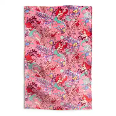 Vibrant pink mermaid-themed scarf featuring Ariel, Flounder, and sea creatures in an enchanting floral design.