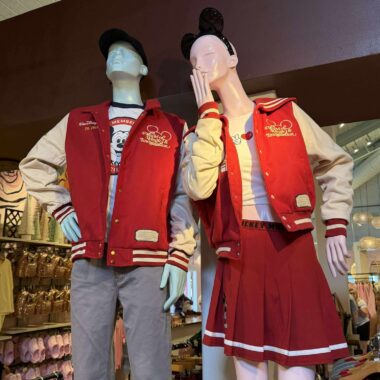 Cute Disney Mickey and Minnie Mouse costumes displayed on mannequins.