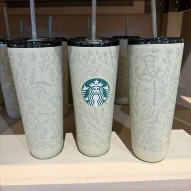 Stylish Disney Starbucks tumbler featuring adorable character sketches and the iconic logo.