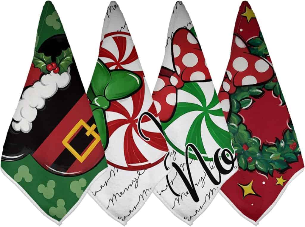 Colorful Disney holiday bandanas featuring Christmas patterns and festive designs for kids and adults.