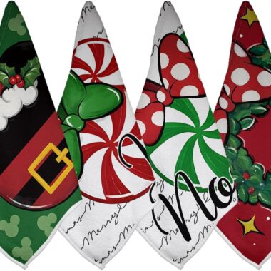 Colorful Disney holiday bandanas featuring Christmas patterns and festive designs for kids and adults.