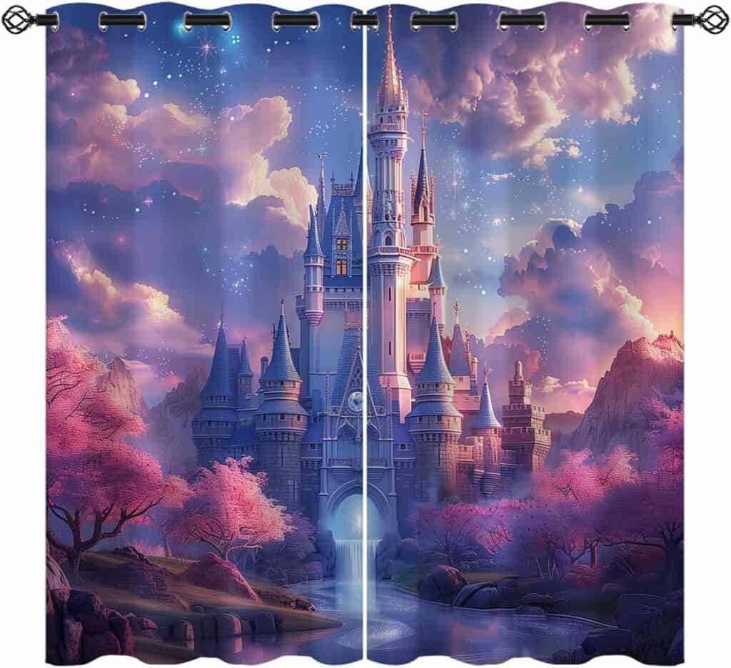 Magical Disney castle at sunset with pink and purple skies, cherry blossom trees, and dreamy clouds. Perfect Disney decor for fans.
