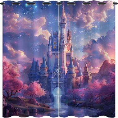 Magical Disney castle at sunset with pink and purple skies, cherry blossom trees, and dreamy clouds. Perfect Disney decor for fans.