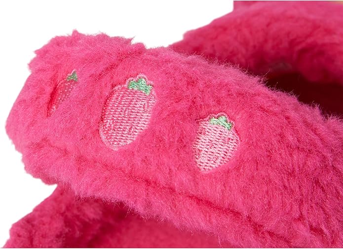 Soft pink strawberry embroidered plush slippers for women and girls.