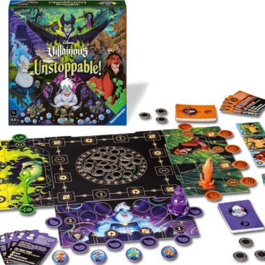 Engaging Disney villain game with artwork featuring Maleficent, Ursula, and Scar, for ages 7+.