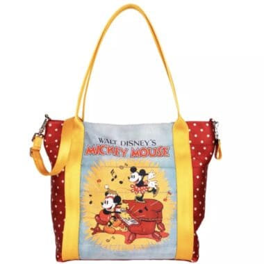 A colorful Disney Mickey Mouse tote bag with polka dots and vintage cartoon illustration of Mickey and Minnie Mouse, perfect for Disney fans.
