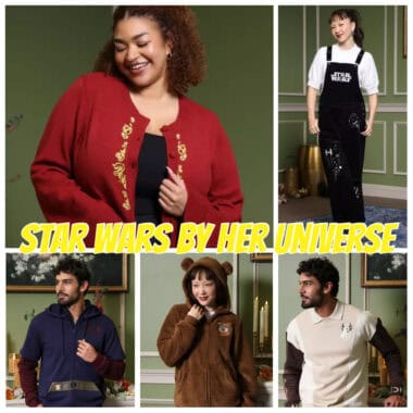 Young girl in Star Wars-themed overalls and cute character hoodie, showcasing Disney fashion.