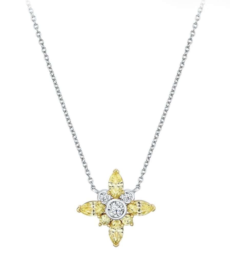 Elegant diamond butterfly necklace featuring yellow and clear gemstones, perfect Disney-inspired jewelry for special occasions.