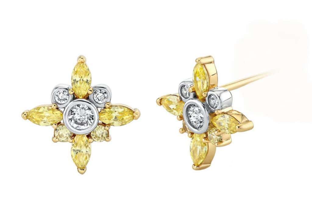 Sterling silver and gold plated earrings feature sparkling yellow and clear gemstones in floral design.