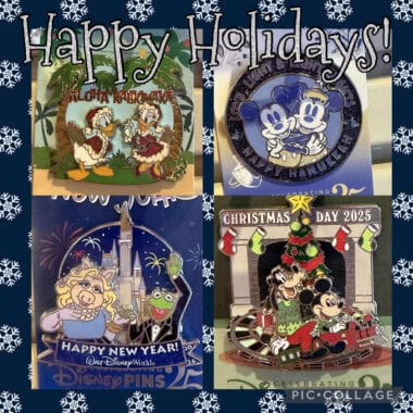 Colorful Disney holiday pins featuring Mickey, Minnie, Donald, and more celebrating Christmas 2025.