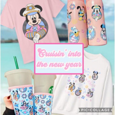 Colorful Disney cruise-themed Mickey and Minnie Mouse fashion and accessories.