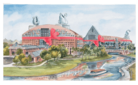 Vibrant Disney Springs shopping and dining district with iconic architecture and waterfront views.