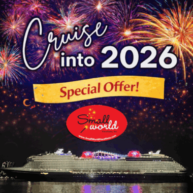 Vibrant fireworks above cruise ship for New Year 2026 promotion.
