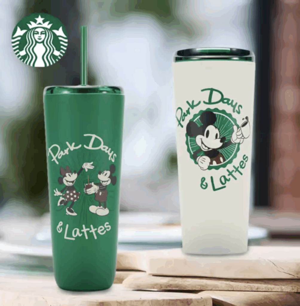 Mickey Mouse themed Starbucks tumbler with straw and "Park Days & Lattes" graphic.