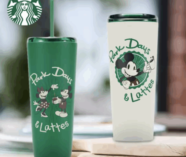 Mickey Mouse themed Starbucks tumbler with straw and "Park Days & Lattes" graphic.