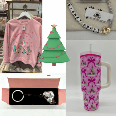 Festive pink Disney Christmas sweater with iconic castle and holiday graphics. Perfect for holiday cheer and Disney lovers.