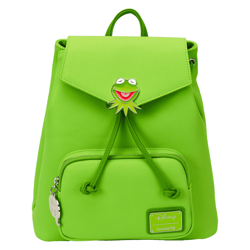 Bright green Disney Kermit the Frog themed backpack with a Daisy Duck pin detail.