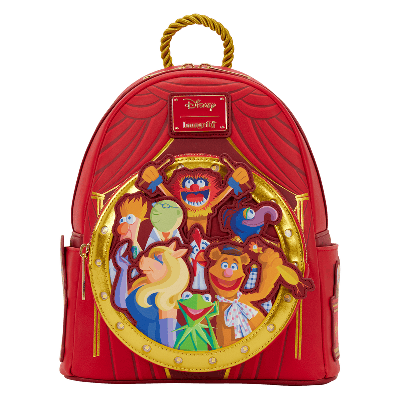 Vibrant red Disney Muppets backpack with colorful embroidered characters, perfect for fans and Disney fashion lovers.