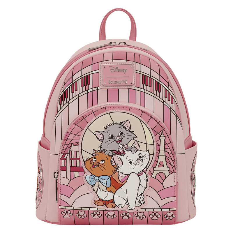 Cute pink Disney backpack featuring the Aristocats characters with Eiffel Tower in the background, perfect for Disney fans.
