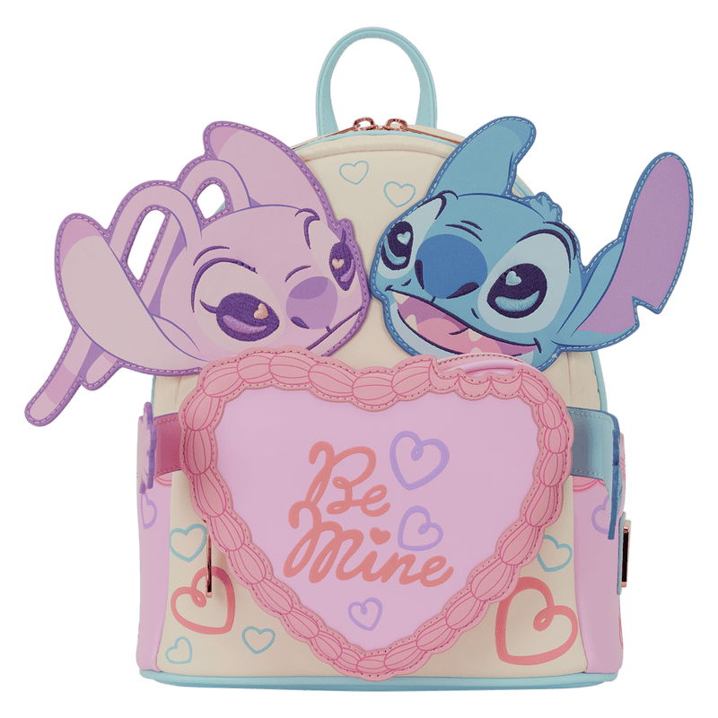 Adorable Disney Stitch and Angel plush backpack with Valentine’s Day theme, colorful hearts, and "Be Mine" message, great for Disney fashionistas.