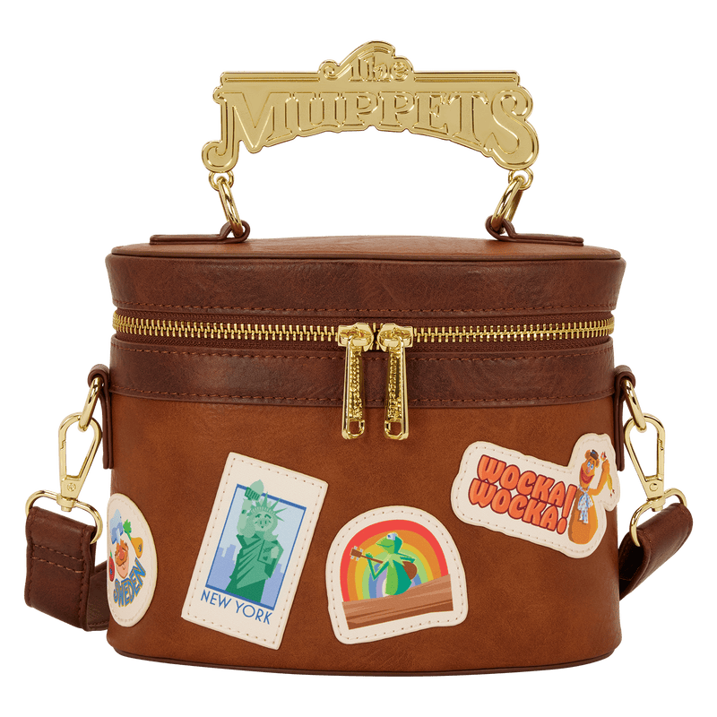 Vibrant brown Disney Muppets-themed travel bag with colorful patches and gold zipper accents.