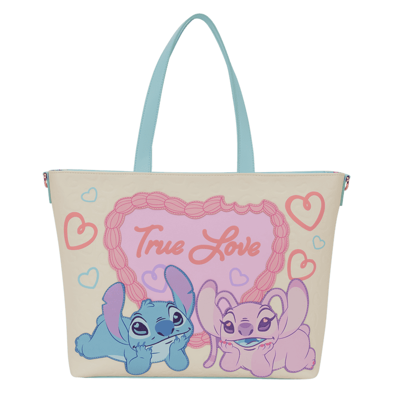 Colorful Lilo & Stitch tote bag with "True Love" text, perfect for Disney fans and fashion lovers.